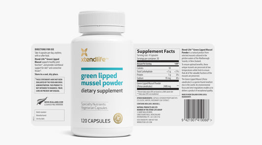 Xtendlife Green Lipped Mussel Powder bottle side view for easy dosing.