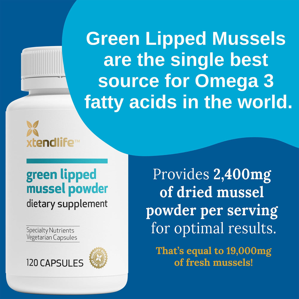 Xtendlife Green Lipped Mussel Powder capsules ready for daily use.