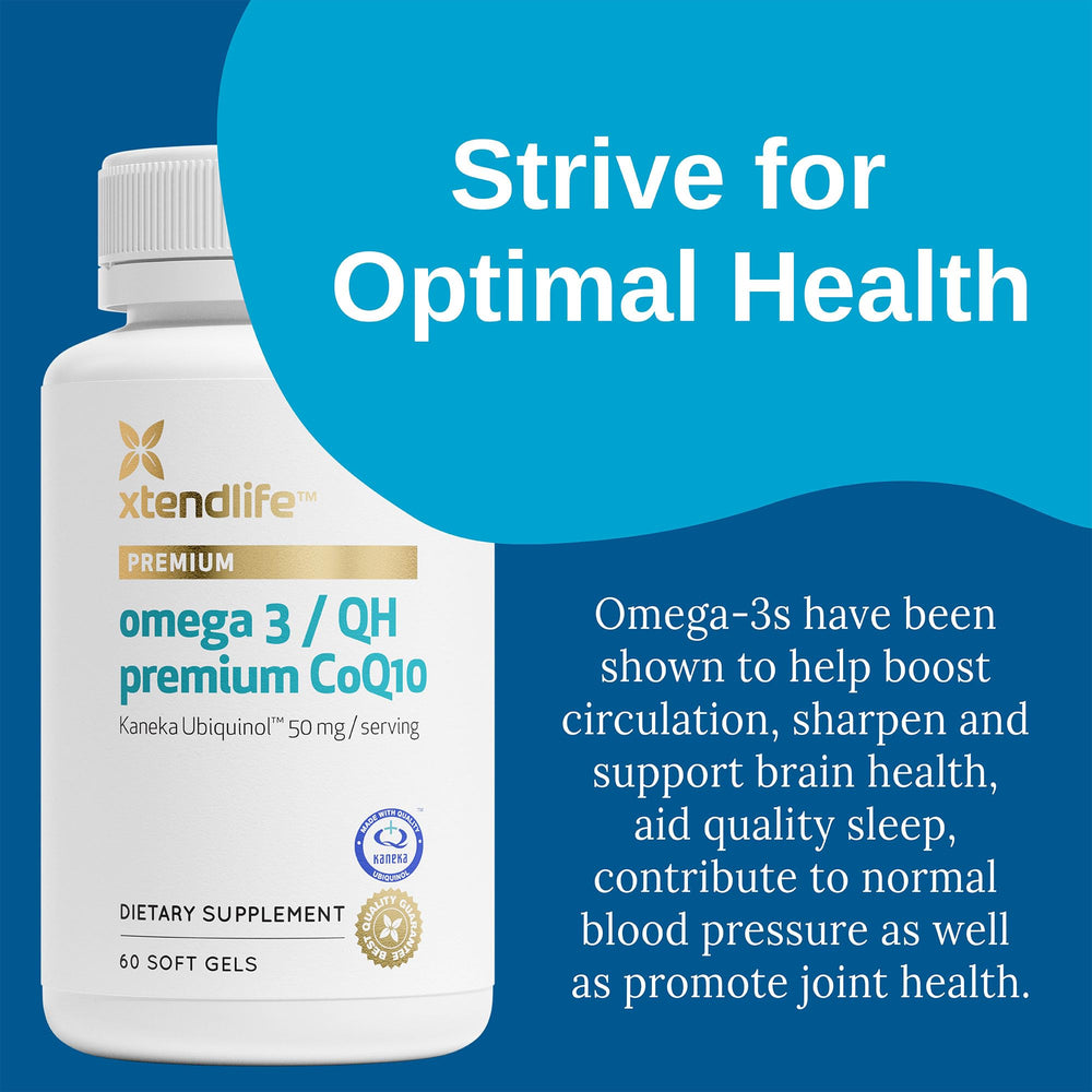 Xtendlife Omega3 QH capsules closeup showing easy swallow softgels