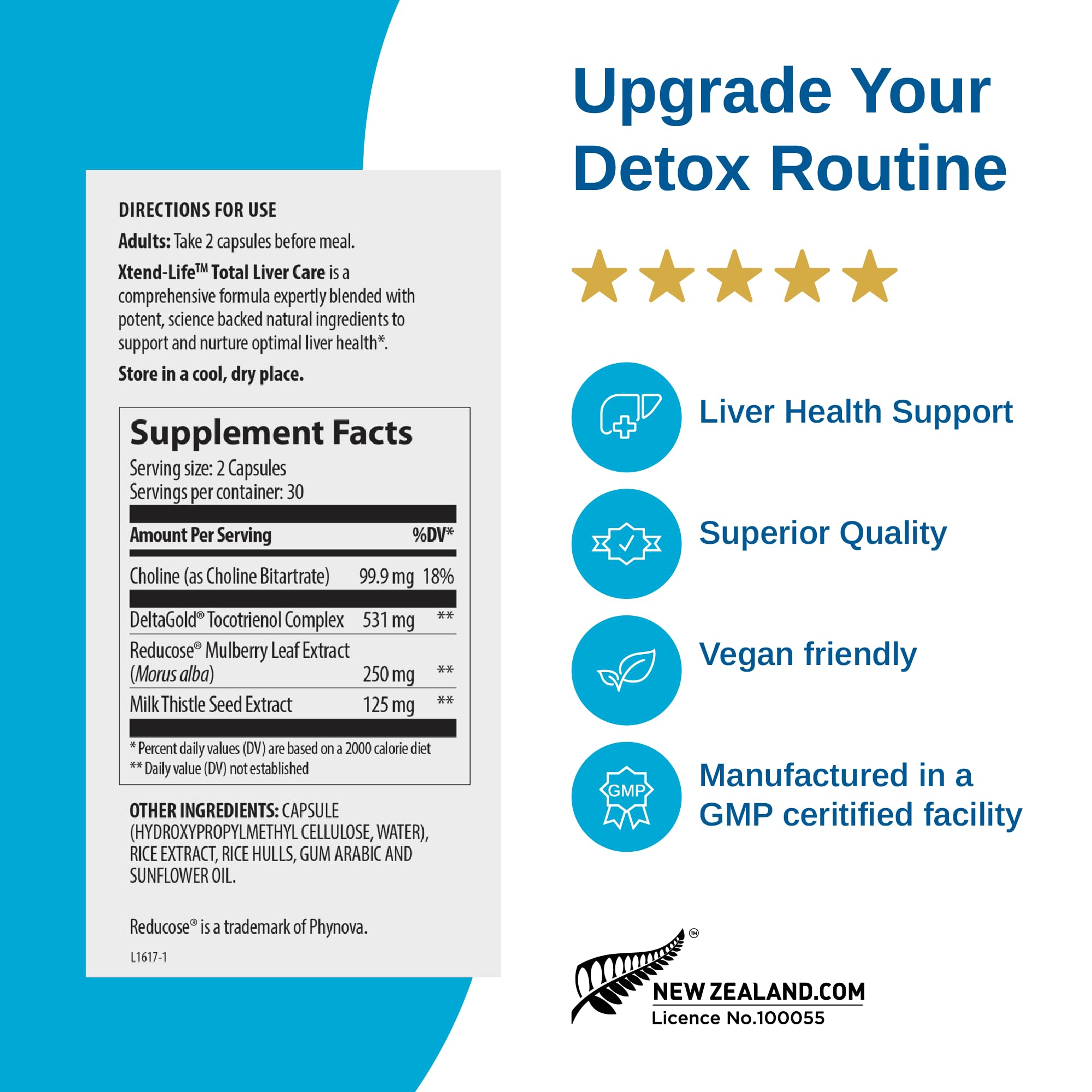 Xtendlife Total Liver Care ISO, FDA, GMP badge confirms quality and credibility.