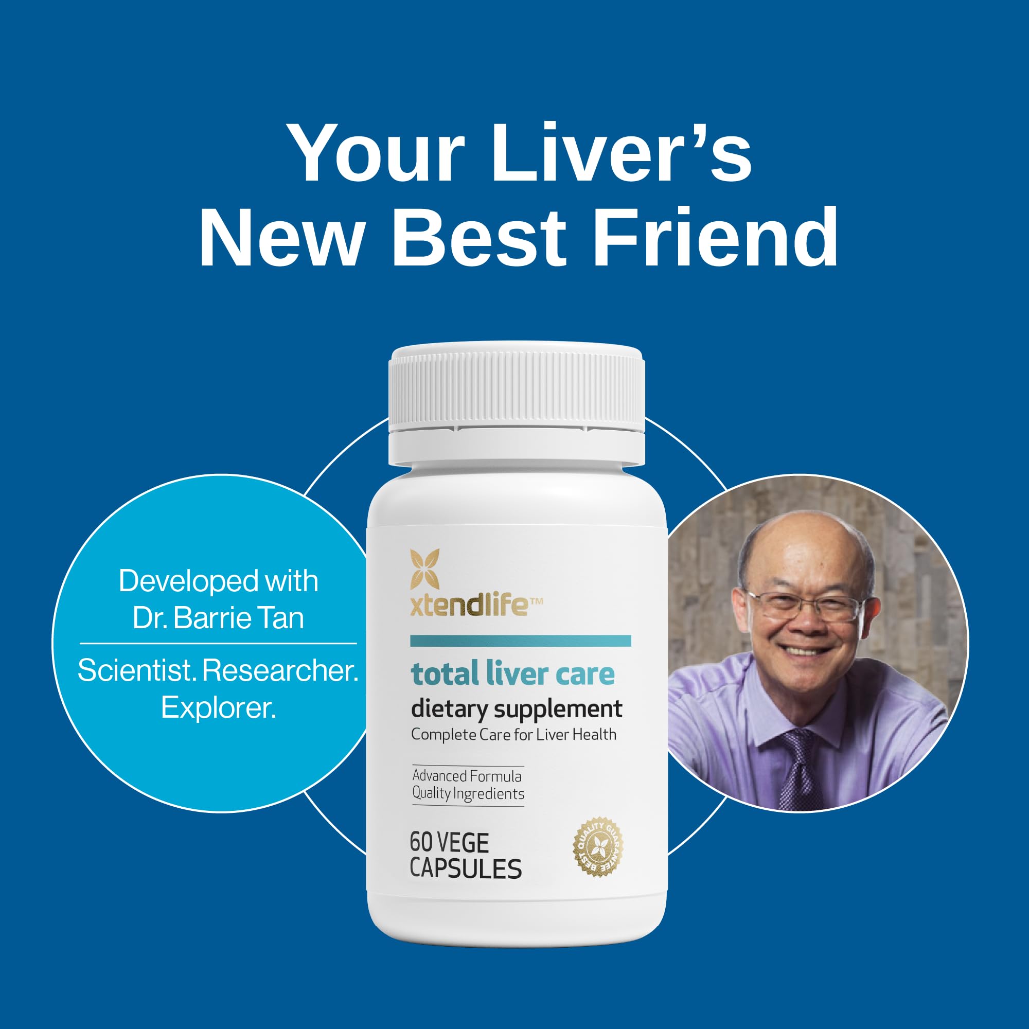 Xtendlife Total Liver Care packaging front emphasizes vegan formula and science-backed ingredients.