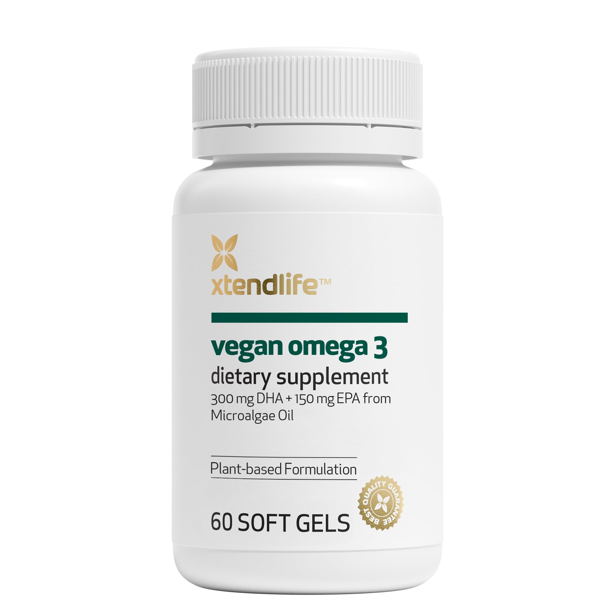 Xtendlife vegan Omega 3 bottle highlights DHA and EPA for heart and brain support.