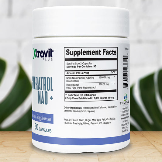 Xtravit Resveratrol NAD+ bottle back details for daily wellness information