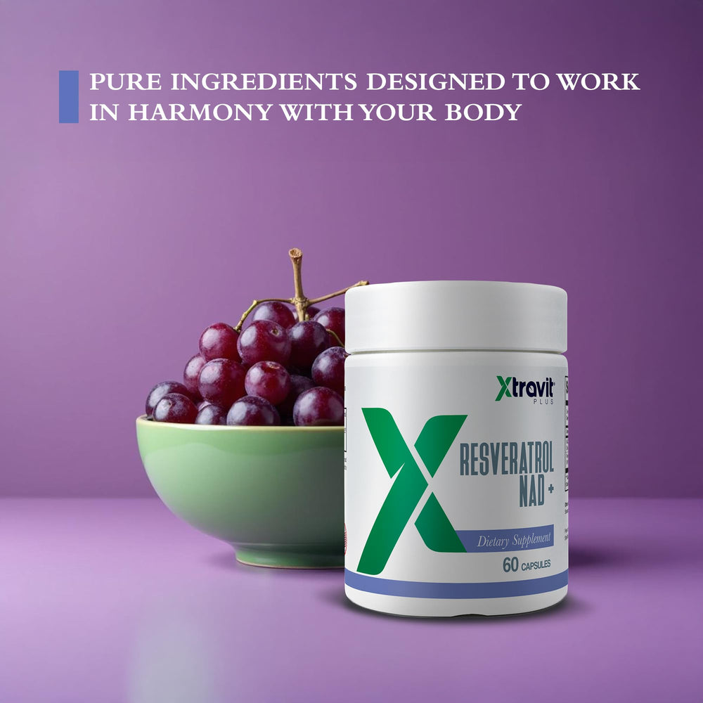 Lifestyle shot of Xtravit Resveratrol NAD+ bottle in daily wellness routine