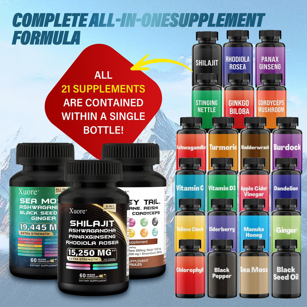 Xuore herbal blend bottle label highlighting adaptogens and mushrooms