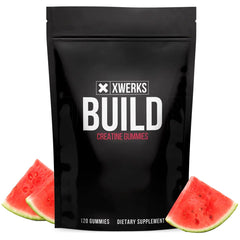 Xwerks Build Creatine Gummies bottle front view for convenient daily supplementation.