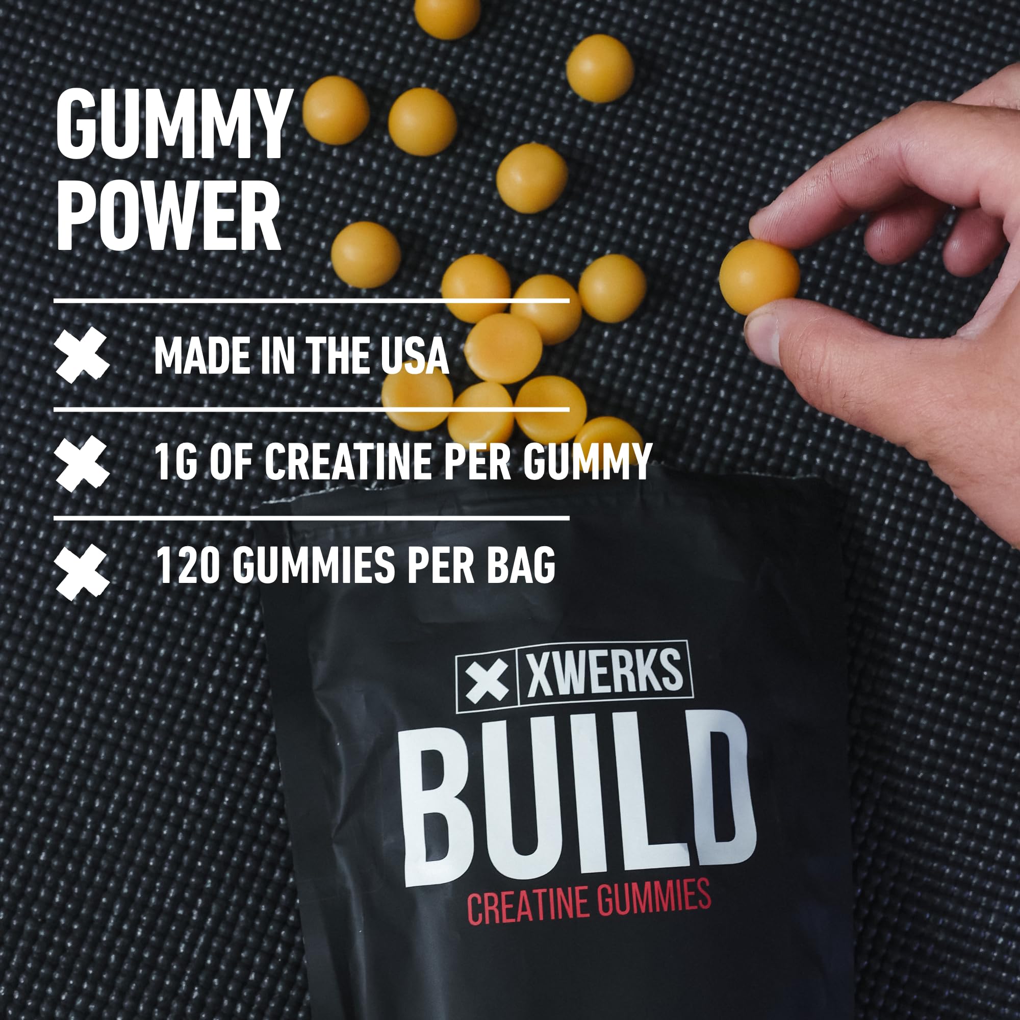 On-the-go use of XWERKS Build Creatine Gummies lemon in gym bag