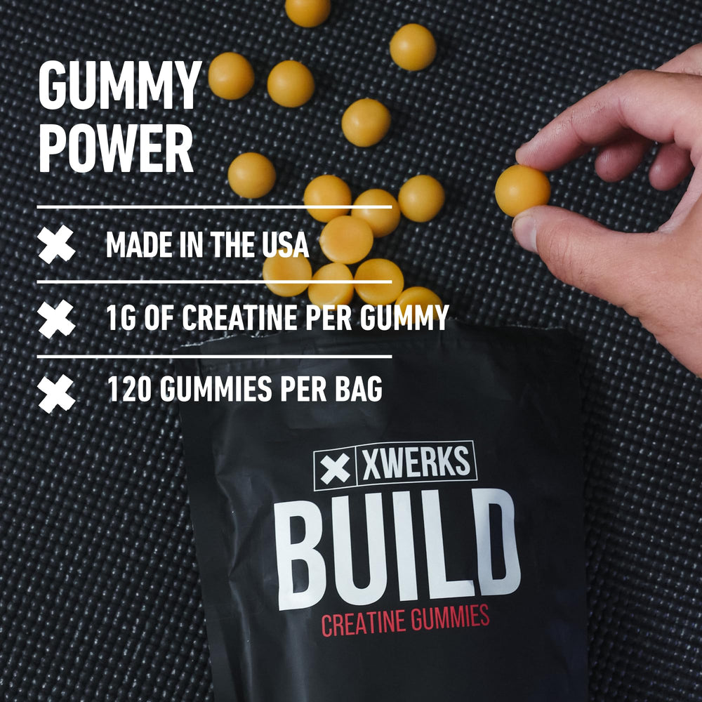 On-the-go use of XWERKS Build Creatine Gummies lemon in gym bag
