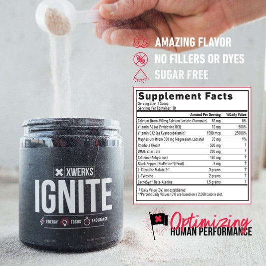 Xwerks Ignite 150 mg caffeine scoop for focused endurance training.