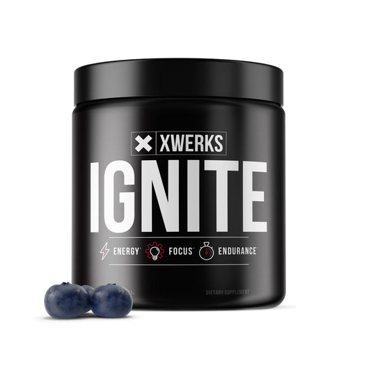 Xwerks Ignite blue razz powder tub ready for a clean pre-workout boost.