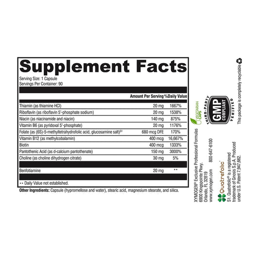 XYMOGEN B-Activ capsules closeup highlighting high potency B vitamins.