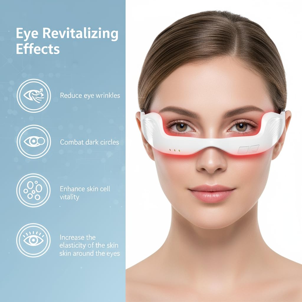 XYAIZL red light glasses close-up, 650nm light to support daily under-eye care.