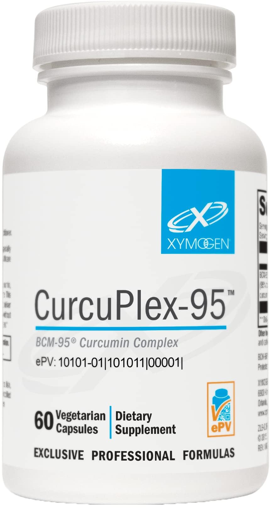 XYMOGEN CurcuPlex-95 bottle with capsules for daily brain support and antioxidant intake.