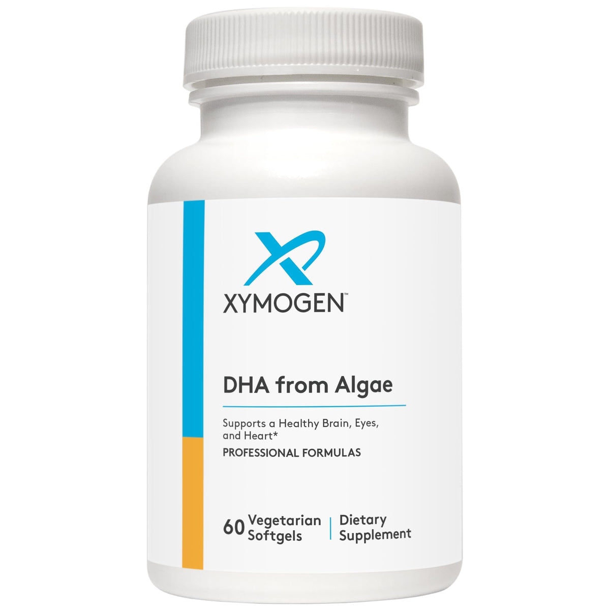XYMOGEN DHA from Algae bottle suggesting non-fish omega-3 for brain and eye support.