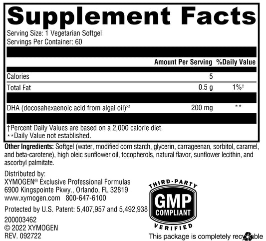 XYMOGEN DHA from Algae softgels close-up for simple daily supplementation.