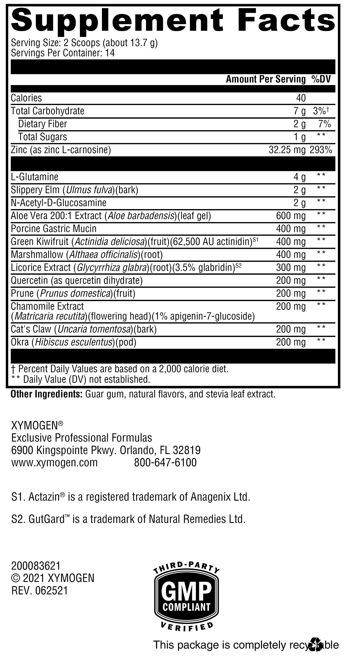 XYMOGEN GI Balance label close-up highlighting a clean, allergen-free formula.