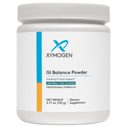 XYMOGEN GI Balance Powder bottle shown for daily digestive support.