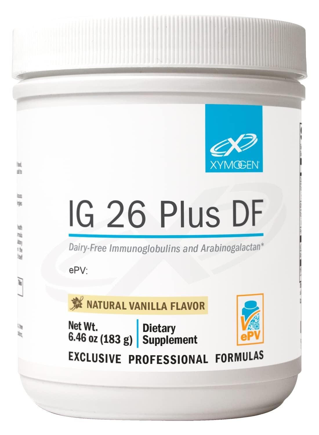 XYMOGEN IG 26 Plus DF bottle showcasing the dairy-free formula for gut balance and immune support.