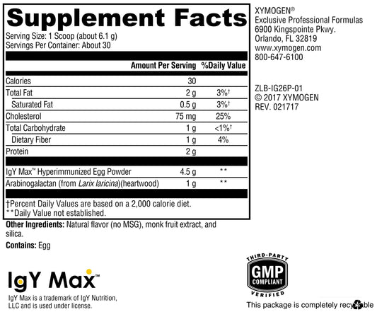 XYMOGEN IG 26 Plus DF scoop illustrating convenient, dairy-free daily intake.