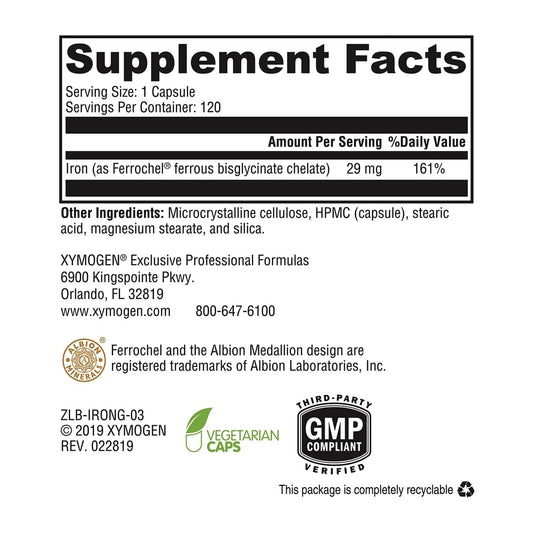 XYMOGEN Iron Glycinate capsules close-up shows smooth coating for gentle digestion.
