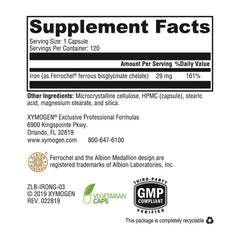 XYMOGEN Iron Glycinate capsules close-up shows smooth coating for gentle digestion.