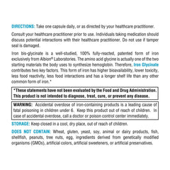XYMOGEN Iron Glycinate label close-up demonstrates fully reacted, bioavailable iron.