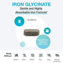 XYMOGEN Iron Glycinate nutrition facts panel lists elemental iron per serving.