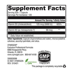 XYMOGEN K2-D3 5000 bottle front, emphasis on MK-7 and D3 ingredients.
