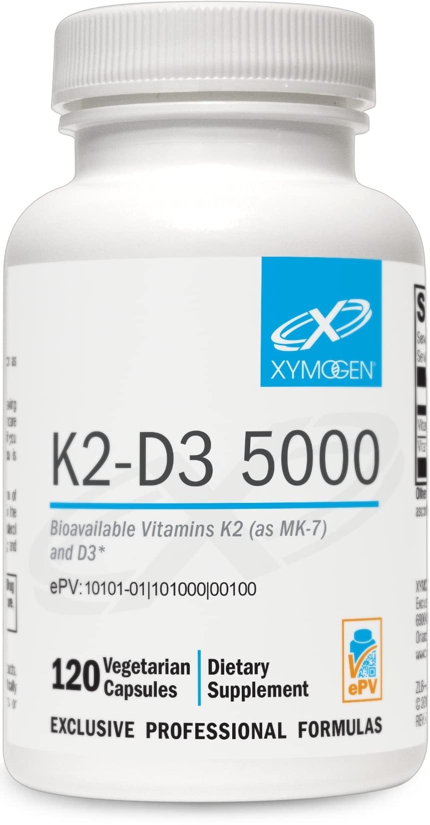 XYMOGEN K2-D3 5000 bottle label, showcasing the D3 K2 blend for bone support.