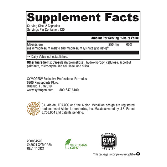 XYMOGEN OptiMag 125 capsules highlighting chelated magnesium for heart and bone health support