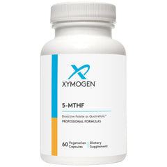 XYMOGEN 5-MTHF bottle close-up with label, highlighting bioactive folate for methylation support.