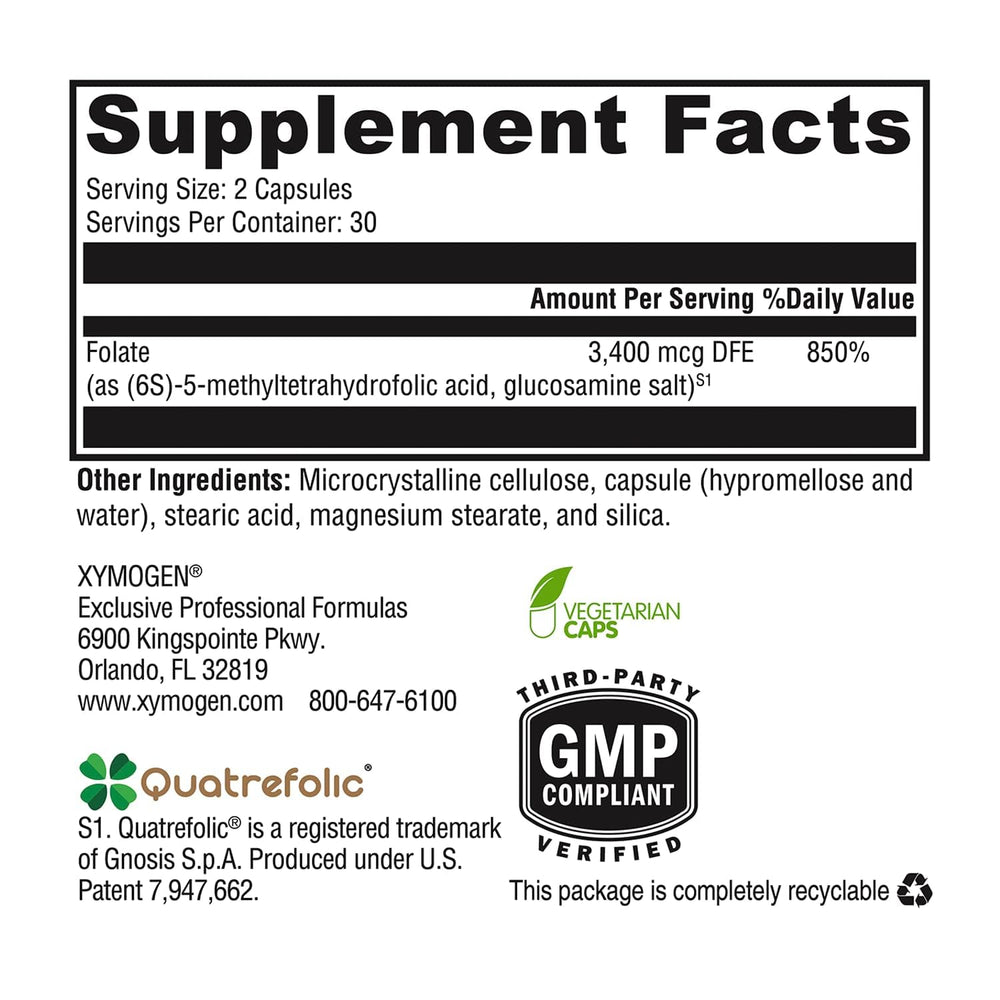XYMOGEN 5-MTHF bottle on shelf in clean, clinical setting.