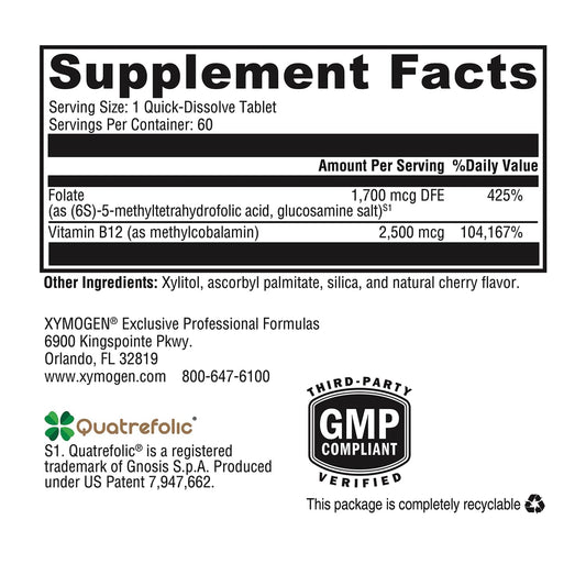 XYMOGEN bioactive folate with Quatrefolic close-up.