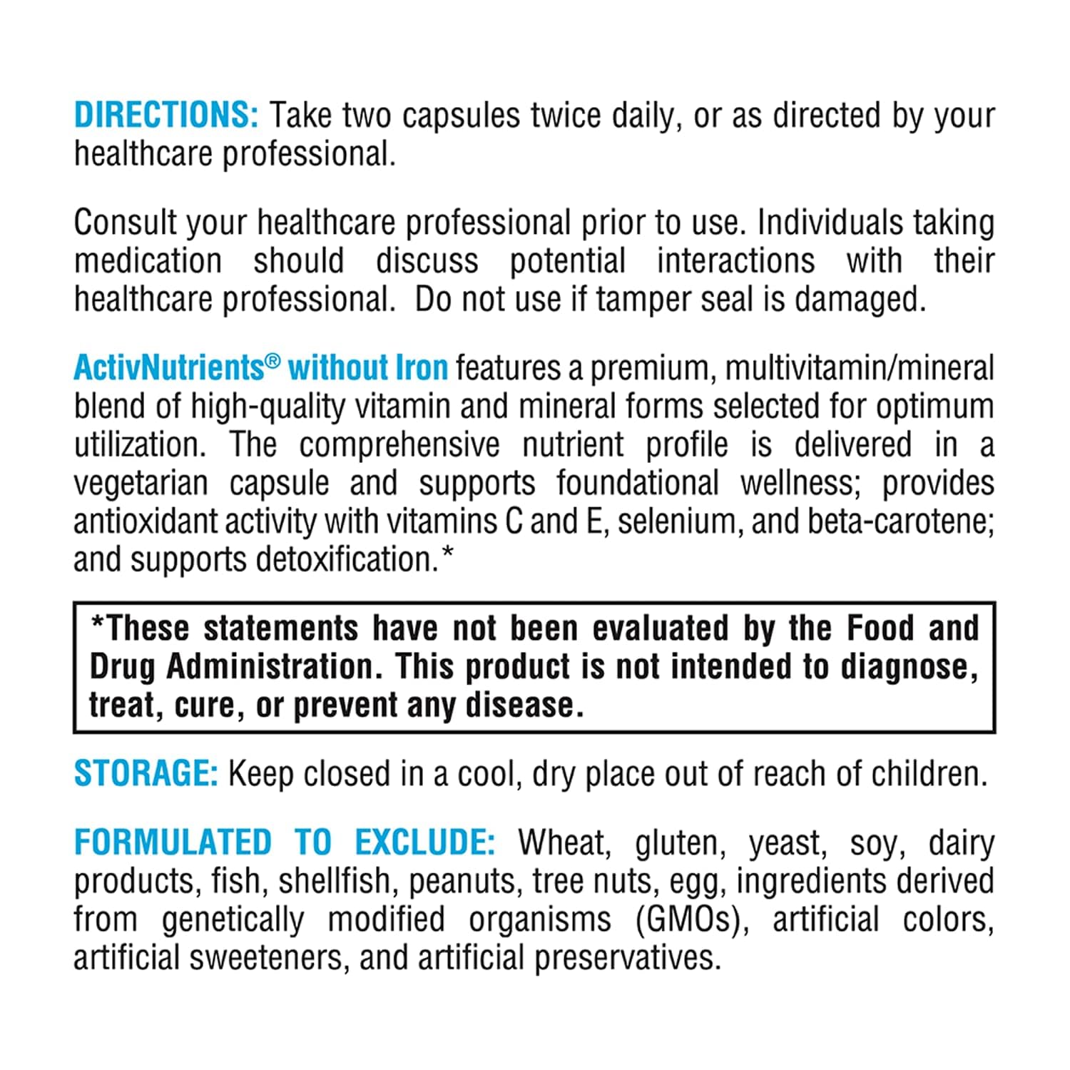 Gluten-free and dairy-free claim on XYMOGEN ActivNutrients Without Iron packaging