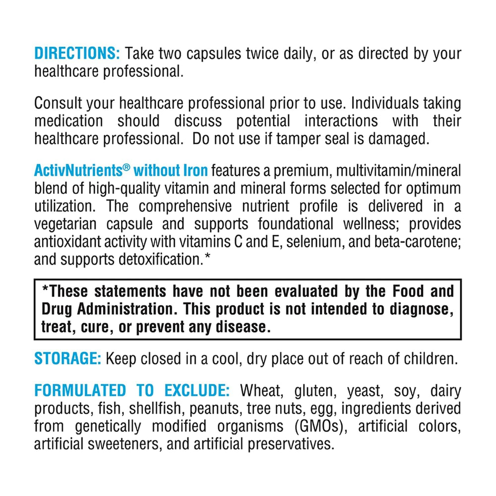 Gluten-free and dairy-free claim on XYMOGEN ActivNutrients Without Iron packaging