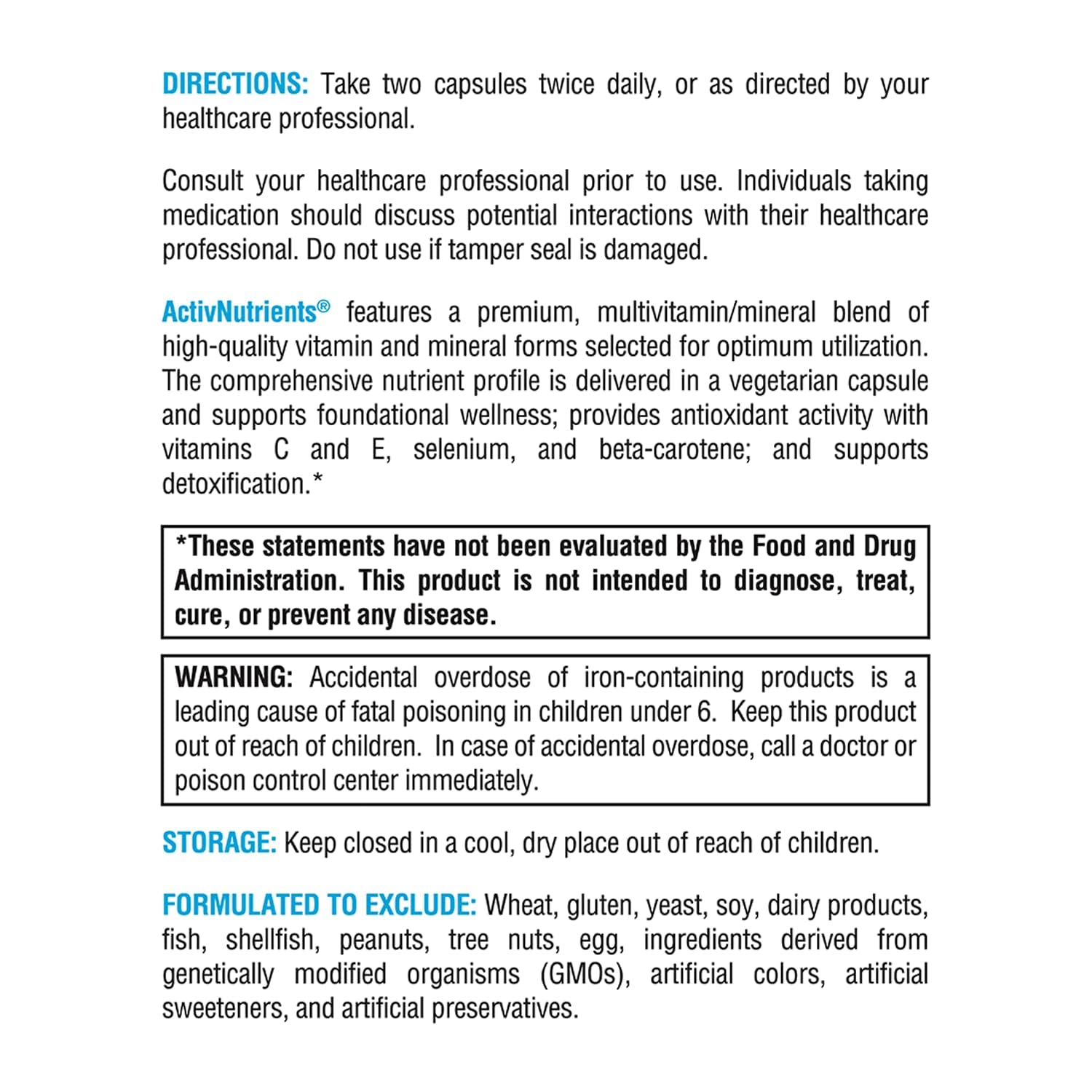 Detail of ActivNutrients label with chelated minerals and B vitamins
