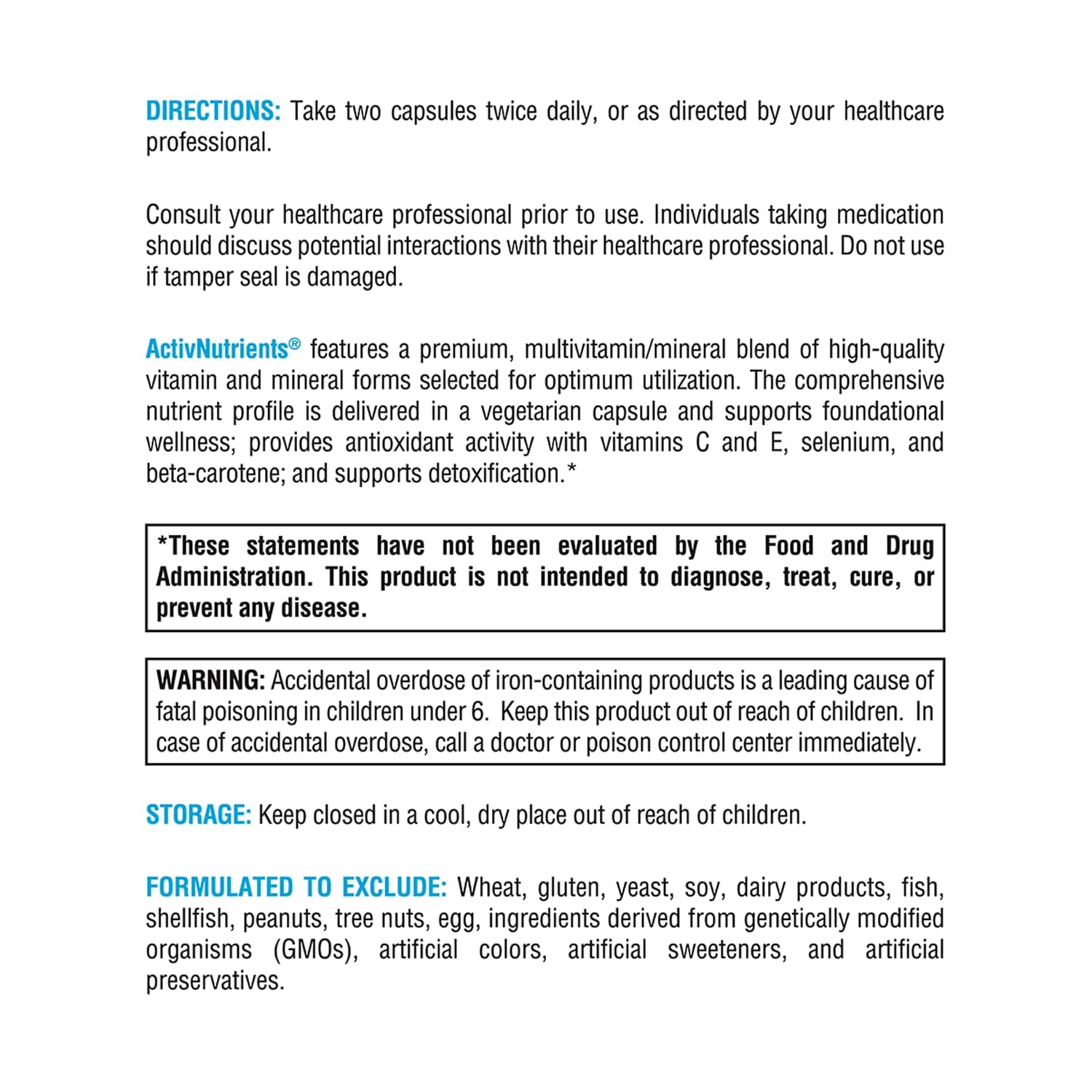 Packaging box of ActivNutrients emphasizing vegetarian and allergen-free attributes