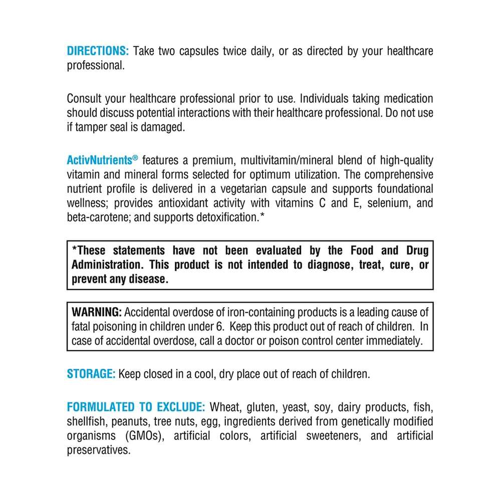 Packaging box of ActivNutrients emphasizing vegetarian and allergen-free attributes