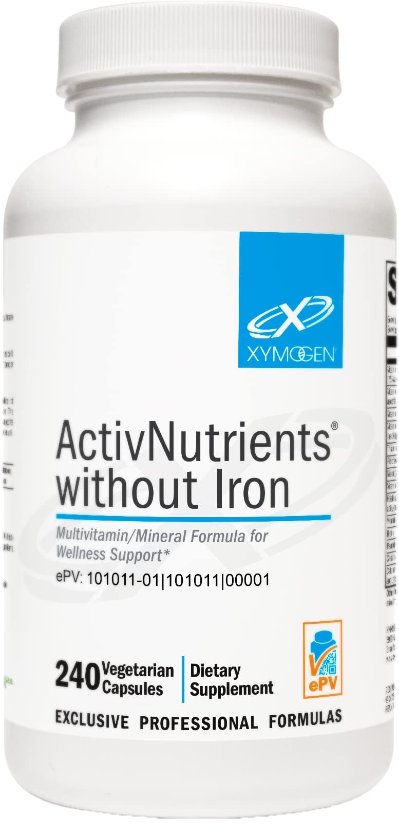 XYMOGEN ActivNutrients Without Iron bottle on display for daily wellness.