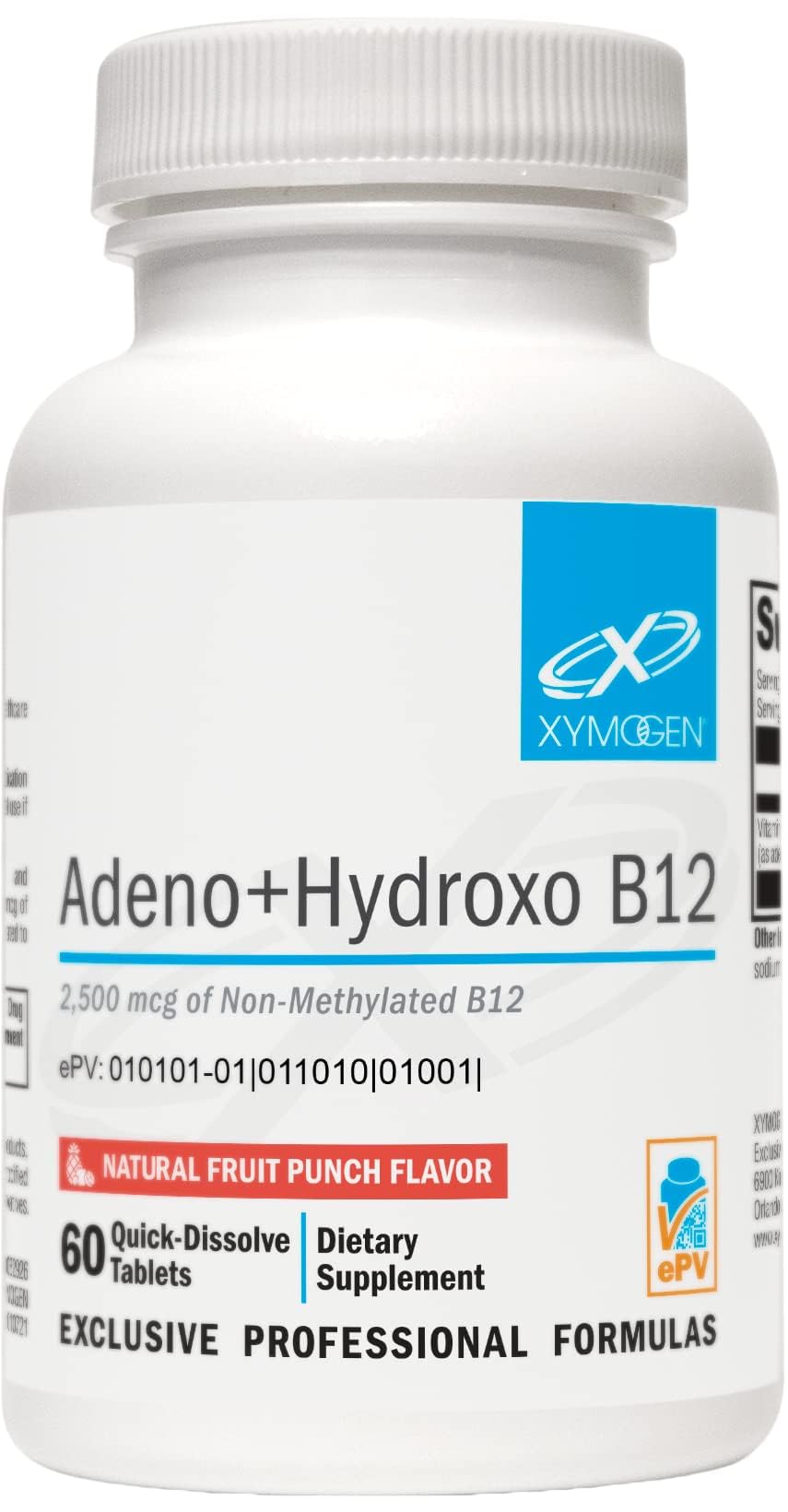 Xymogen Adeno+Hydroxo B12 tablet ready to dissolve for quick absorption.