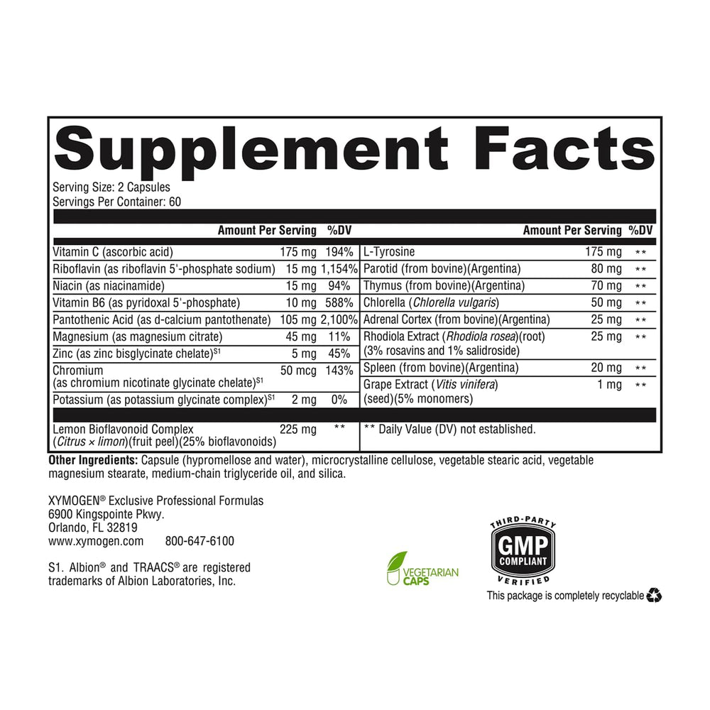 XYMOGEN Adrenal Manager with rhodiola rosea extract for energy and focus.