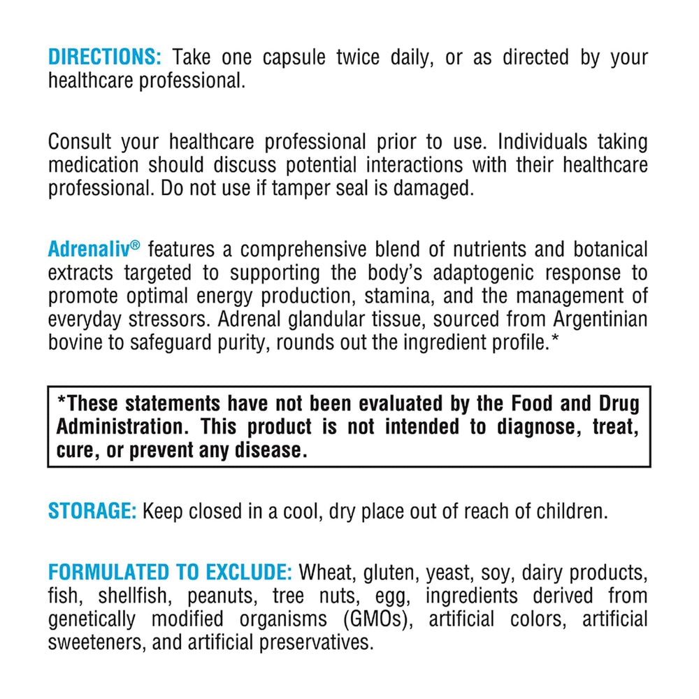 XYMOGEN Adrenaliv bottle back showing ingredients and purity notes.