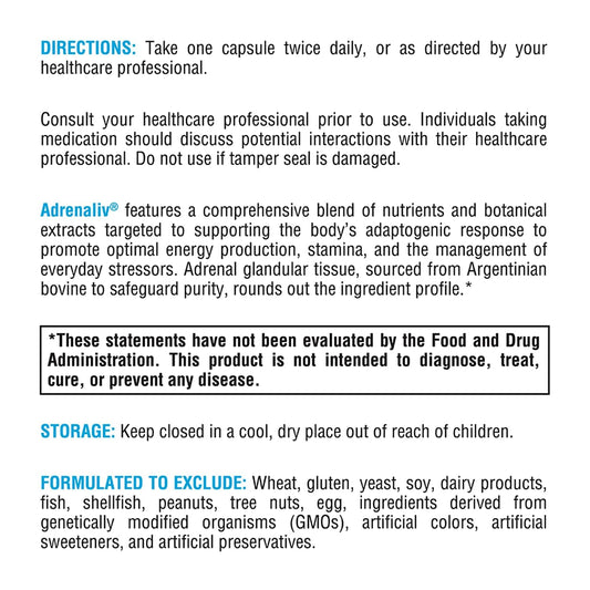 XYMOGEN Adrenaliv bottle back showing ingredients and purity notes.