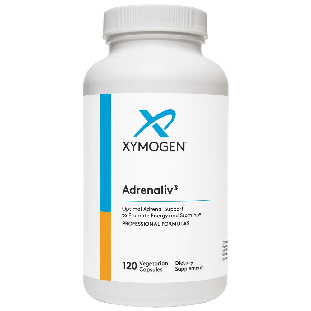 XYMOGEN Adrenaliv bottle front with capsules for daily adrenal support.