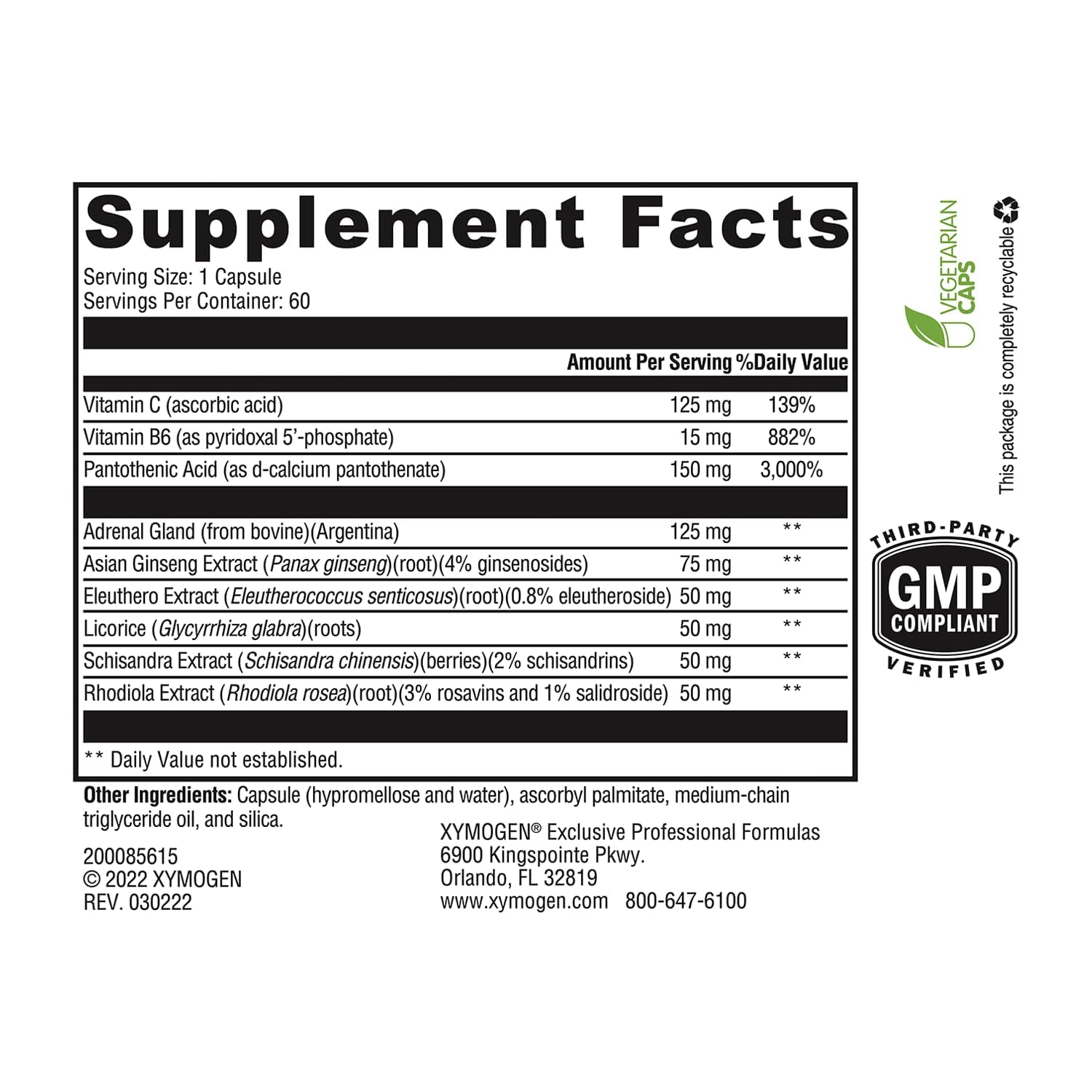 XYMOGEN Adrenaliv ingredient panel highlights adaptogens and vitamins.