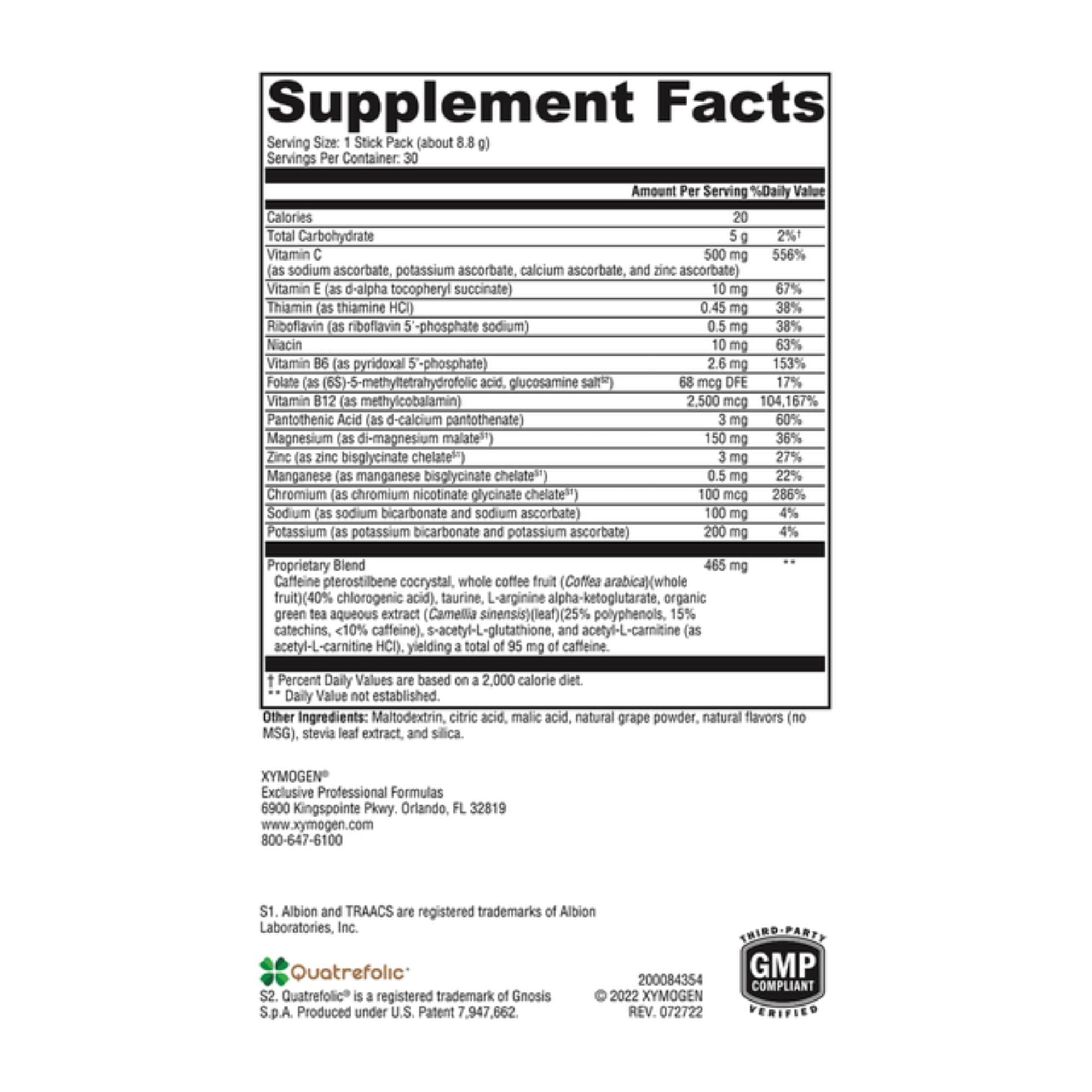 Xymogen ATP Ignite ingredients panel highlights minerals, amino acids, and caffeine for performance