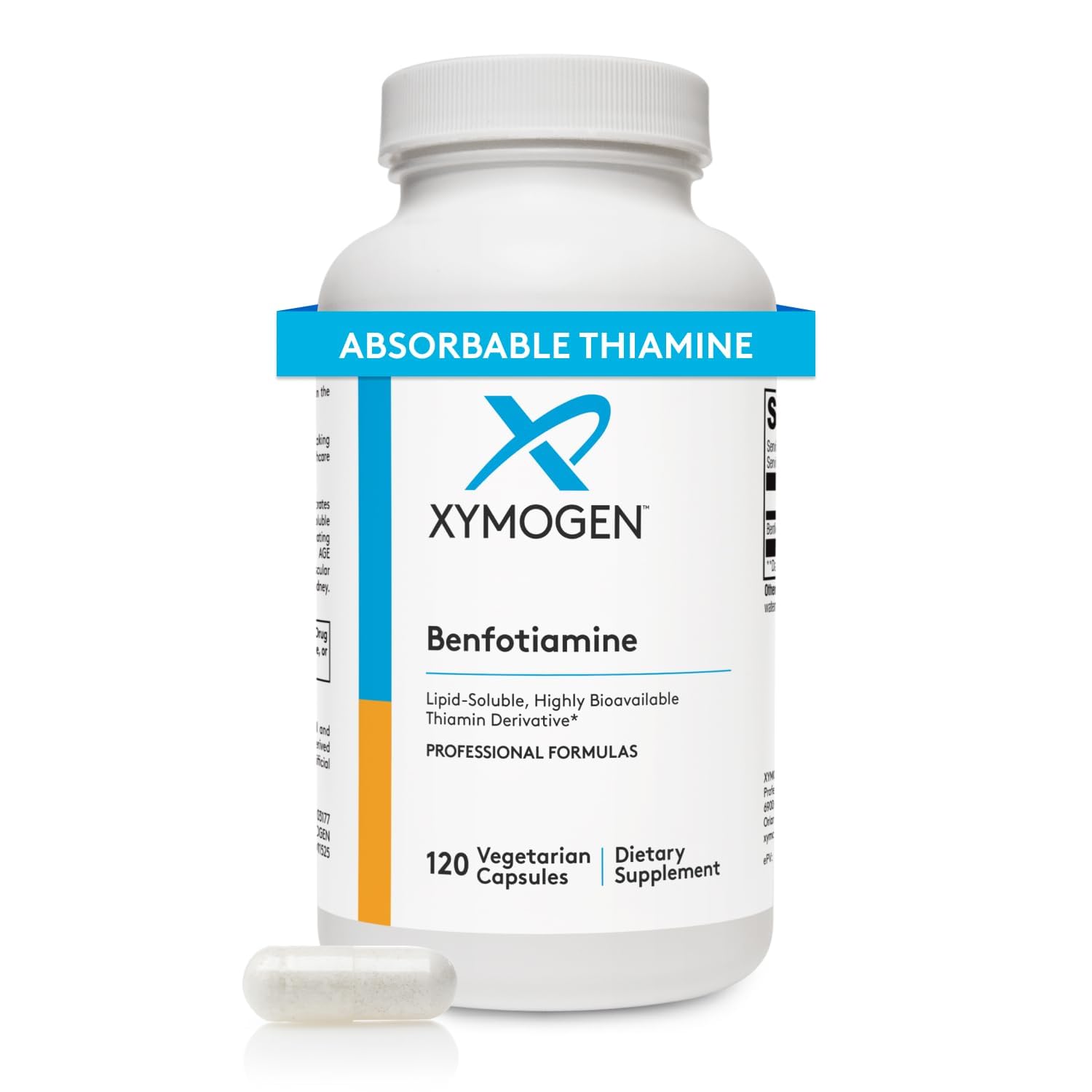 XYMOGEN Benfotiamine 300mg bottle on desk promotes daily nerve and microvascular support.