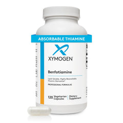 XYMOGEN Benfotiamine 300mg bottle on desk promotes daily nerve and microvascular support.