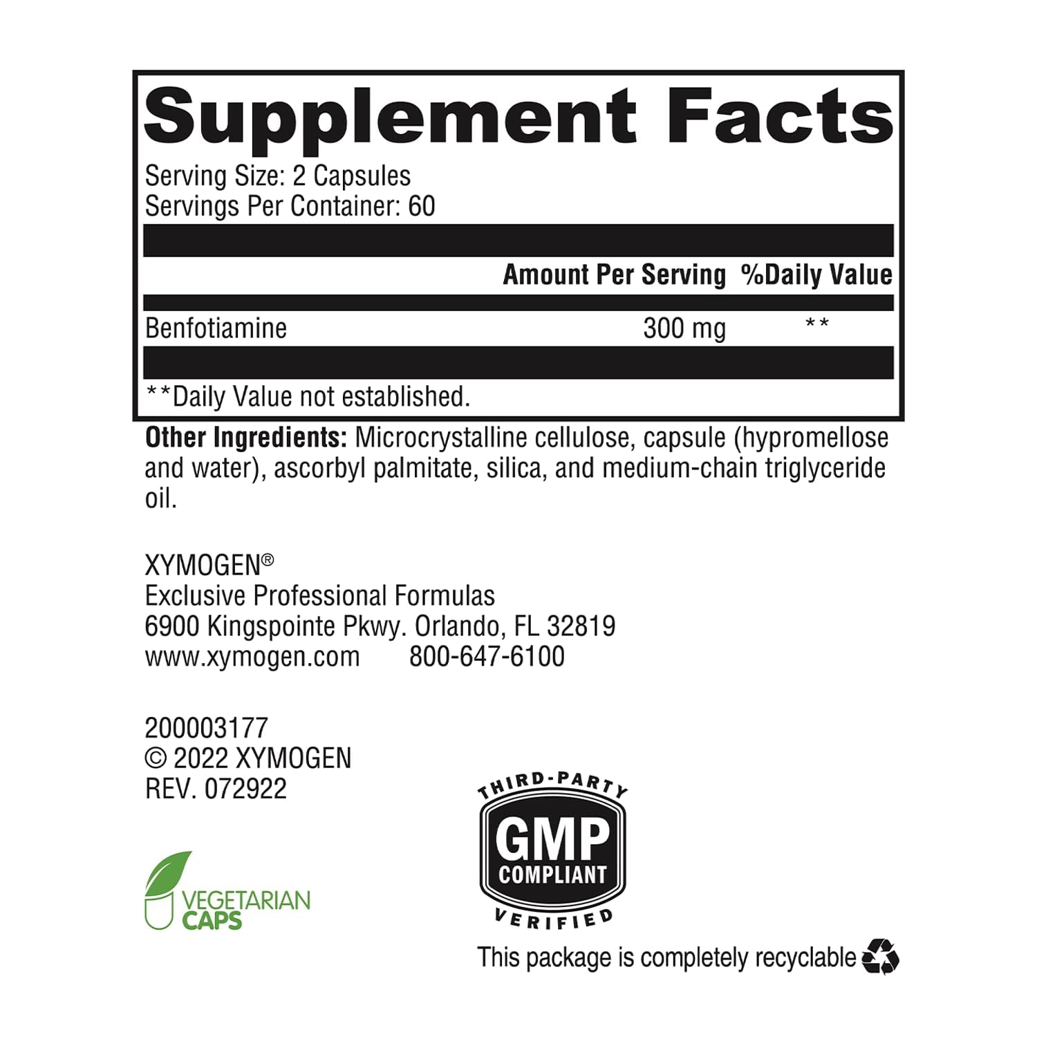 XYMOGEN Benfotiamine label details show allergen-free formulation.