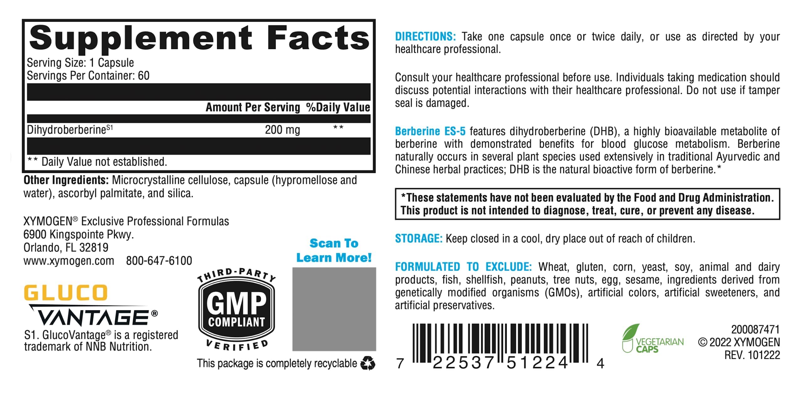 XYMOGEN Berberine ES-5 capsules closeup highlights DHB for enhanced bioavailability